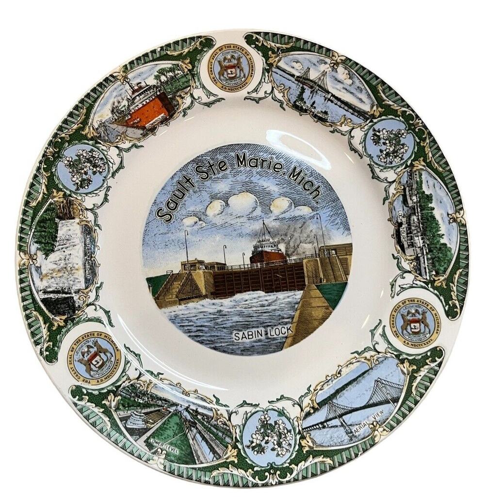 Sault Ste Marie Mi Mich Michigan Plate Vintage 7 Scenic Images Flowers Seal 10”
